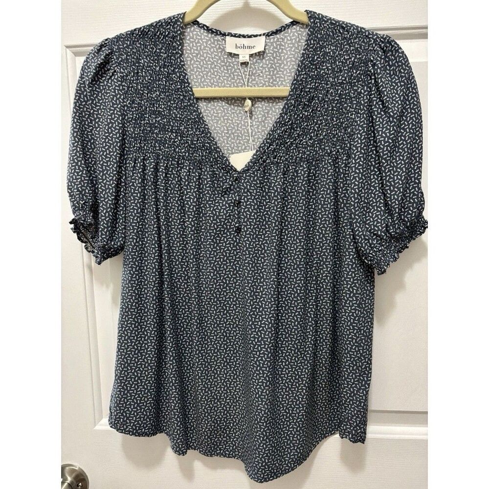 Böhme Short Sleeve New Blouse Blue/Grey Smocked Bodice XS Blouse Puff Sleeve NWT